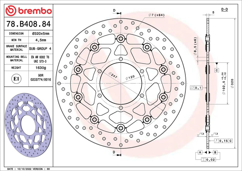 Brembo Serie Oro voorremschijf 320 x 5,0 mm 78B40884