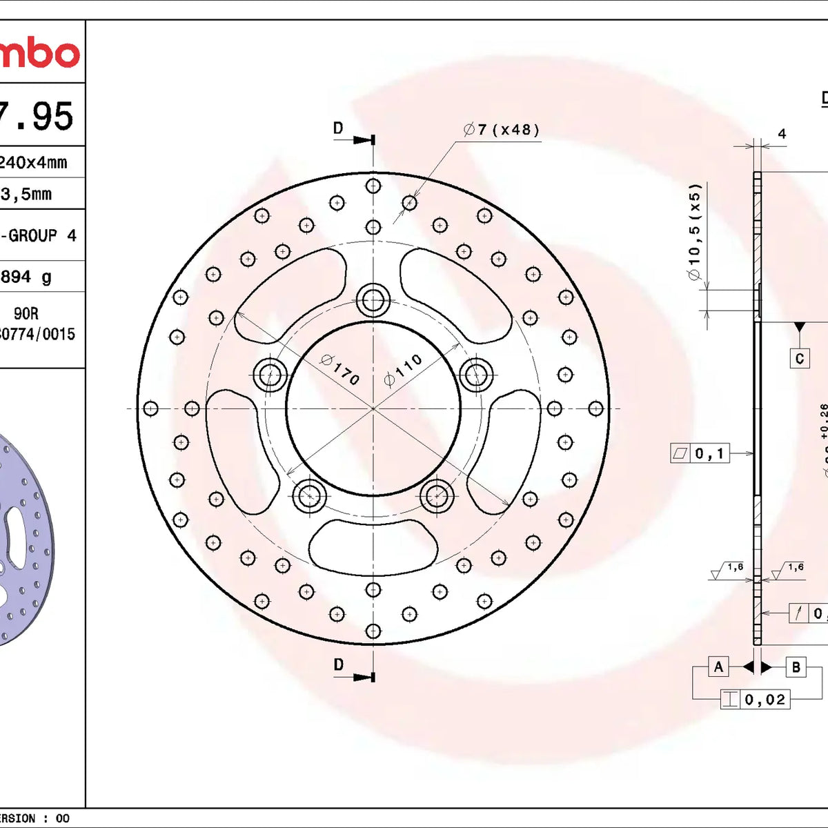 Brembo Serie Oro remschijf 240 x 4,0 mm Kymco 68B40795