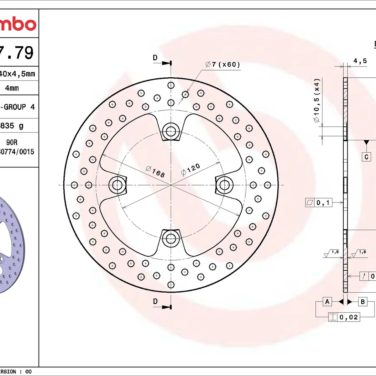 Brembo Serie Oro achterremschijf 240 x 4,5 mm Kawasaki 68B40779