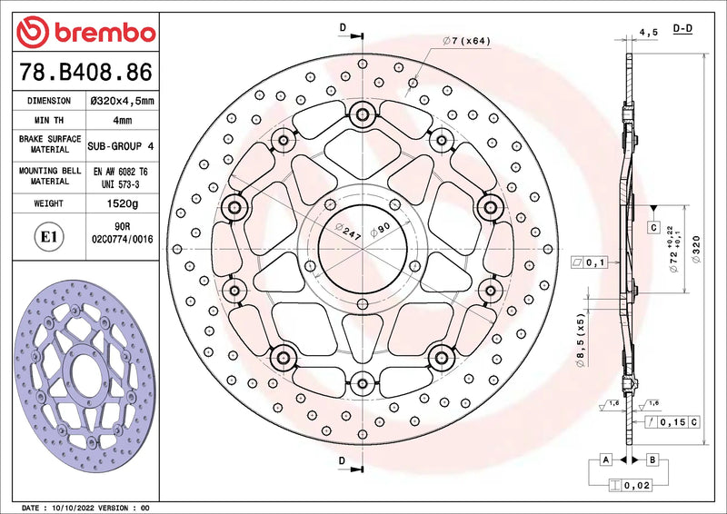 Brembo Serie Oro voorremschijf 320 x 4,5 mm 78B40886