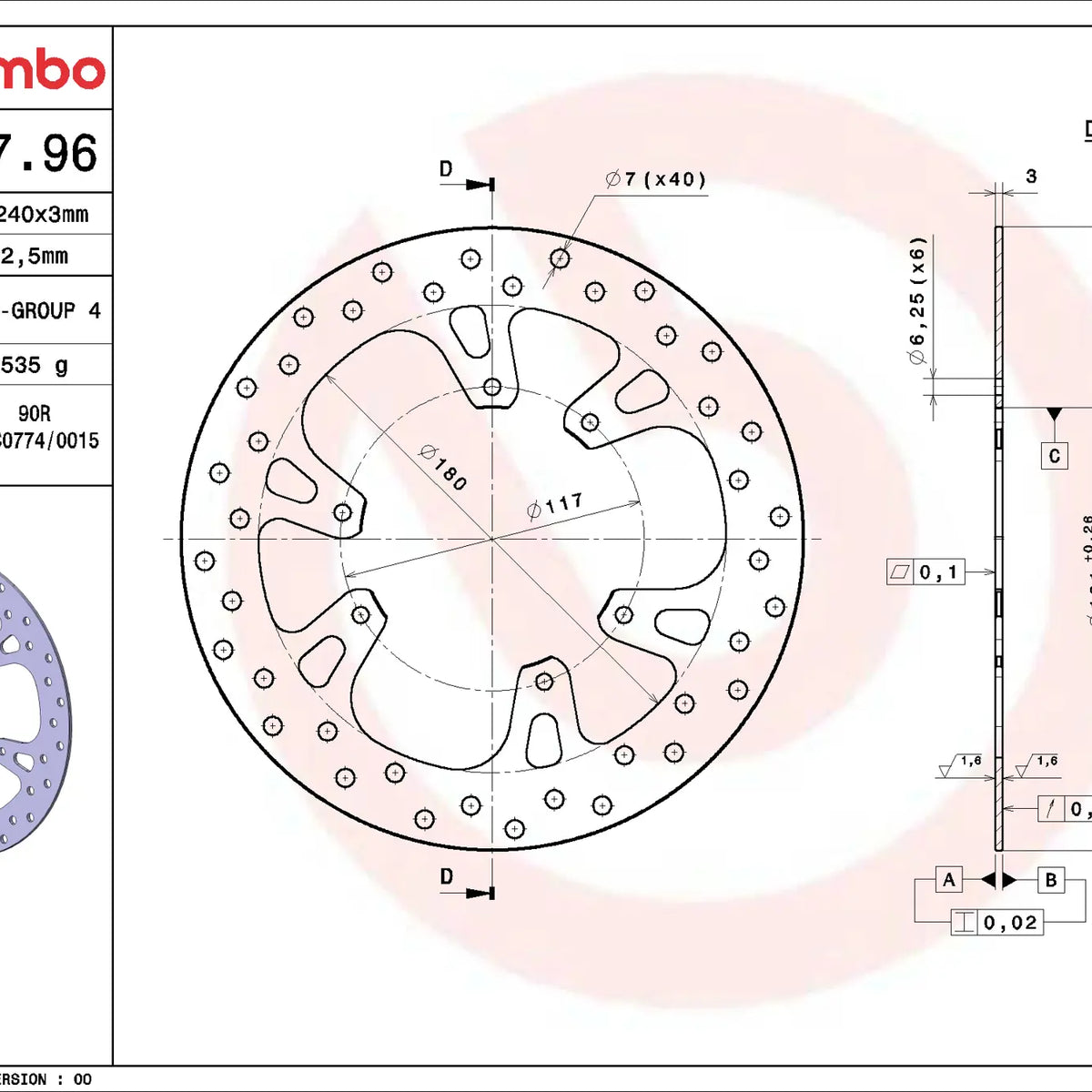 Brembo Serie Oro voorremschijf 240 x 3,0 mm Honda 68B40796