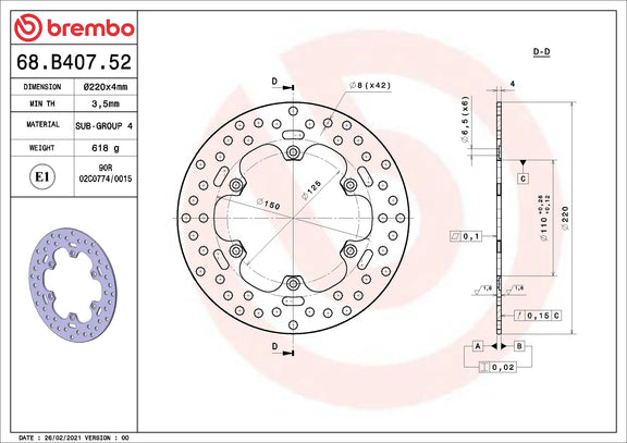 Brembo Serie Oro achterremschijf 220 x 4,0 mm 68B40752