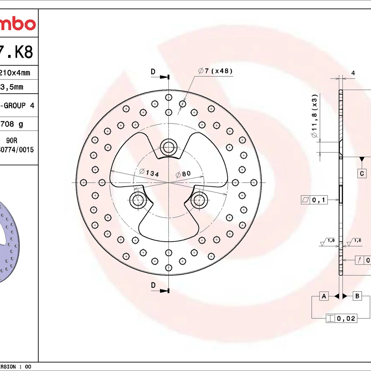 Brembo Serie Oro achterremschijf 210 x 4,0 mm Peugeot Citystar 125 2010-2019