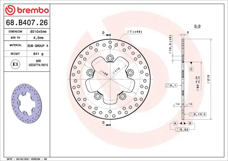 Brembo Serie Oro achterremschijf 210 x 5,0 mm 68B40726