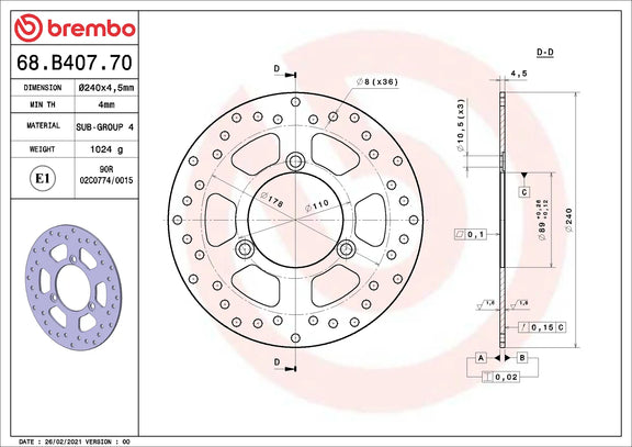 Brembo Serie Oro remschijf 240 x 4,5 mm Suzuki 68B40770