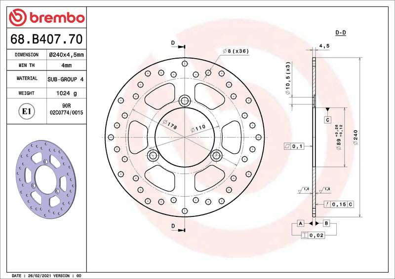 Brembo Serie Oro remschijf 240 x 4,5 mm Suzuki 68B40770