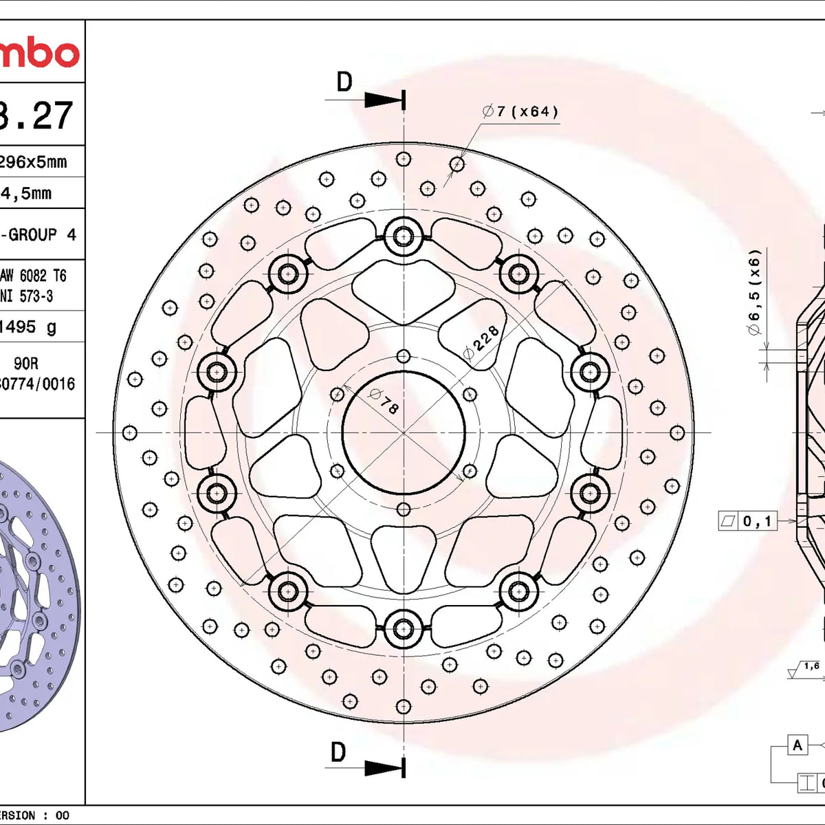 Brembo Serie Oro voorremschijf 296 x 5,0 mm Honda CB600F Hornet 1998-1999