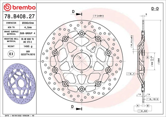 Brembo Serie Oro voorremschijf 296 x 5,0 mm Honda CB600F Hornet 1998-1999
