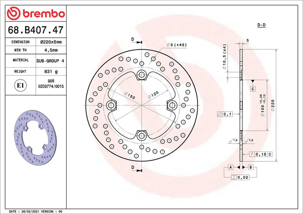 Brembo Serie Oro achterremschijf 220 x 5,0 mm Kawasaki 68B40747