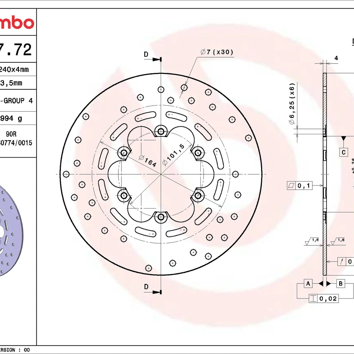 Brembo Serie Oro remschijf 240 x 4,0 mm 68B40772