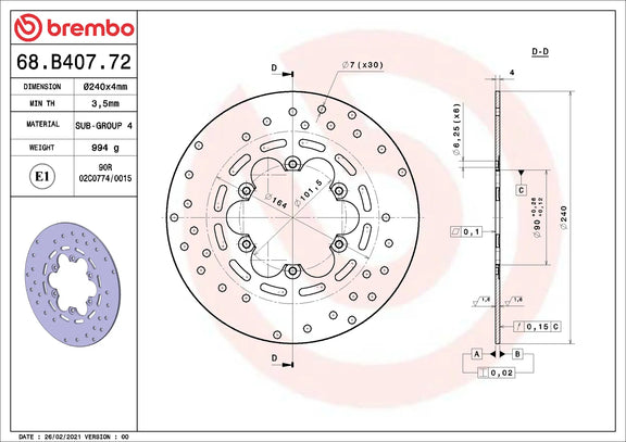Brembo Serie Oro remschijf 240 x 4,0 mm 68B40772