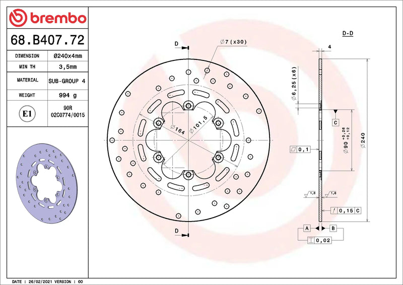 Brembo Serie Oro remschijf 240 x 4,0 mm 68B40772