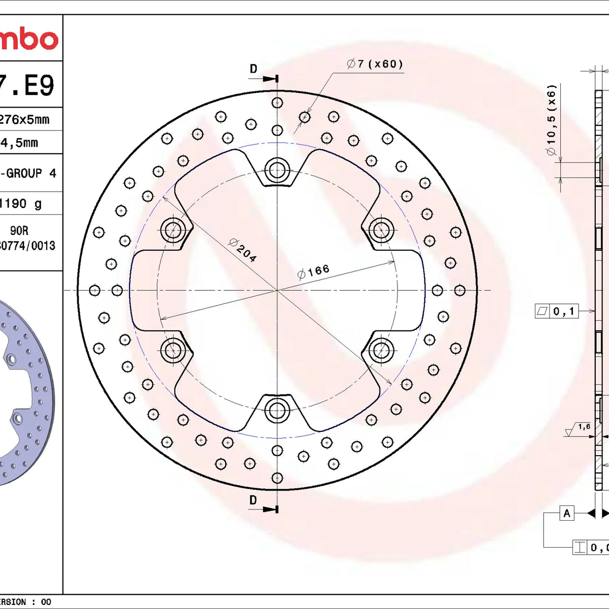 Brembo Serie Oro voorremschijf 276 x 5,0 mm 68B407E9