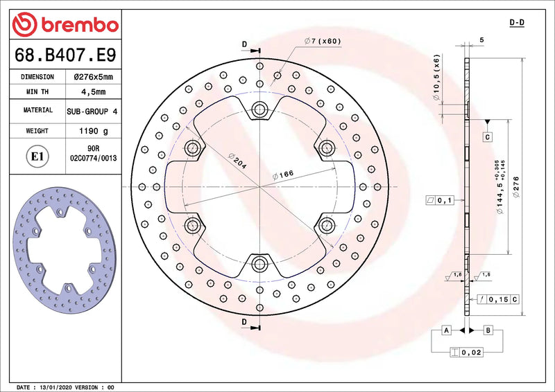 Brembo Serie Oro voorremschijf 276 x 5,0 mm 68B407E9