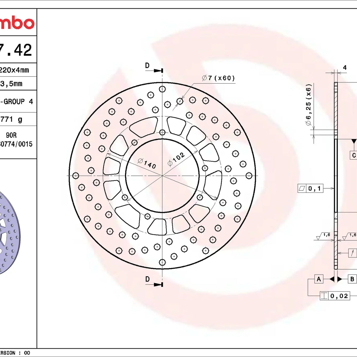 Brembo Serie Oro achterremschijf 220 x 4,0 mm Yamaha 68B40742