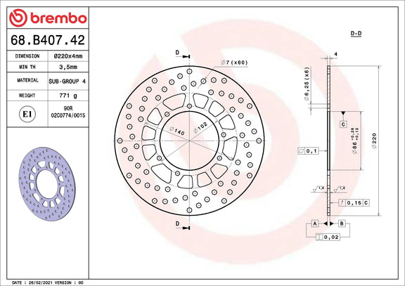 Brembo Serie Oro achterremschijf 220 x 4,0 mm Yamaha 68B40742