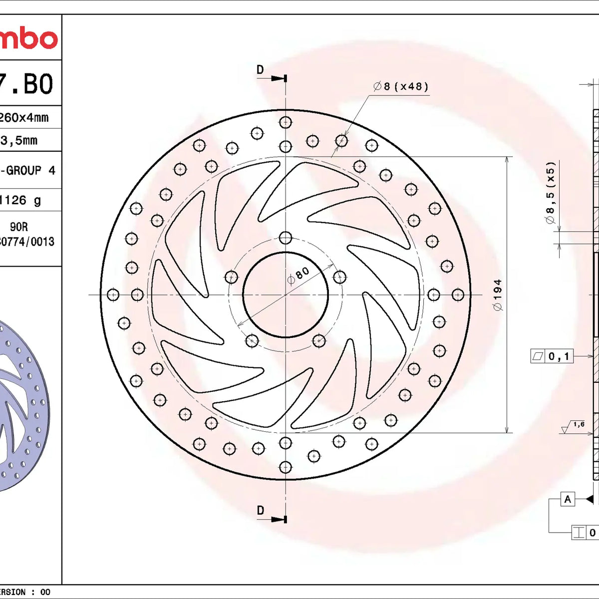 Brembo Serie Oro voorremschijf 260 x 4,0 mm Derbi Rambla 300 2010-2011