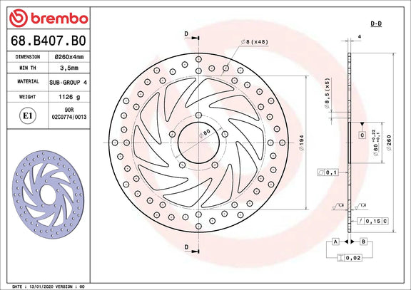 Brembo Serie Oro voorremschijf 260 x 4,0 mm Derbi Rambla 300 2010-2011