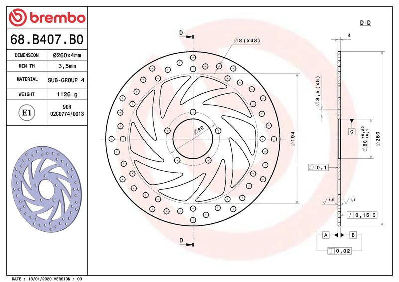 Brembo Serie Oro voorremschijf 260 x 4,0 mm Derbi Rambla 300 2010-2011