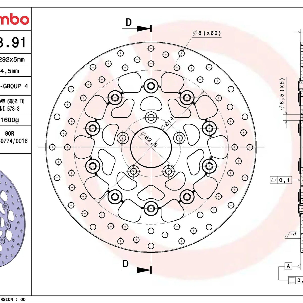 Brembo Serie Oro voorremschijf 292 x 5,0 mm Harley-Davidson 78B40891