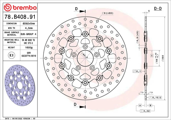 Brembo Serie Oro voorremschijf 292 x 5,0 mm Harley-Davidson 78B40891