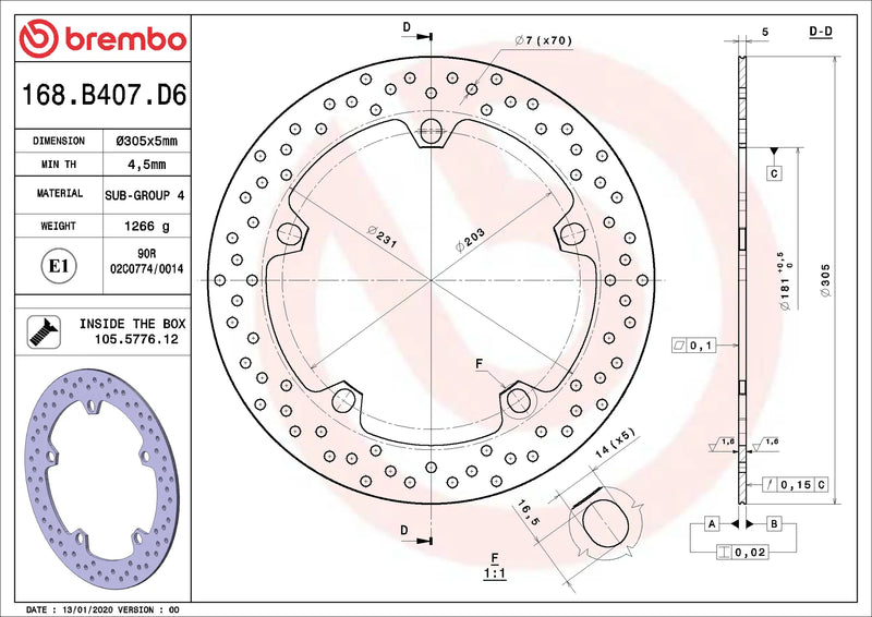 Brembo Serie Oro voorremschijf 305 x 5,0 mm BMW 168B407D6