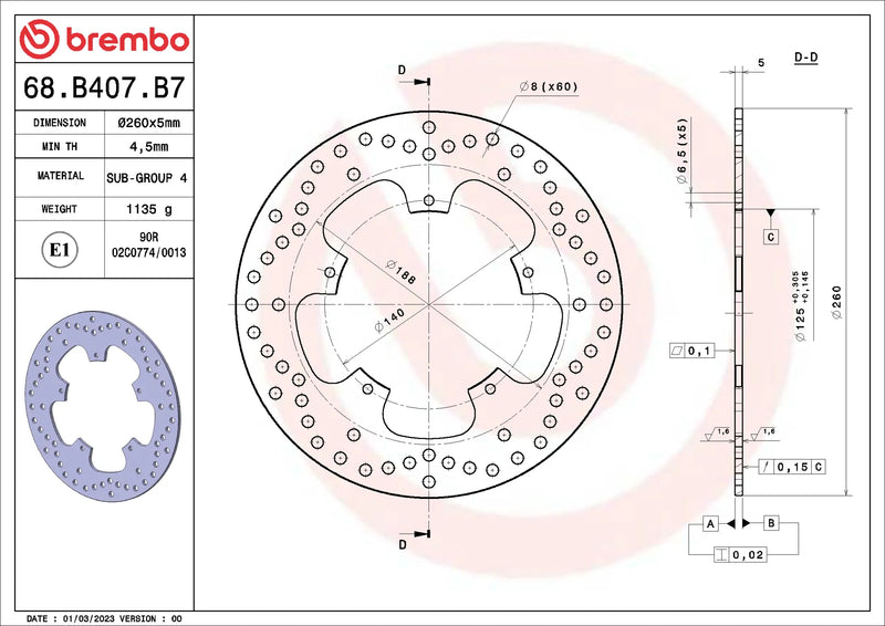 Brembo Serie Oro remschijf 260 x 5,0 mm 68B407B7