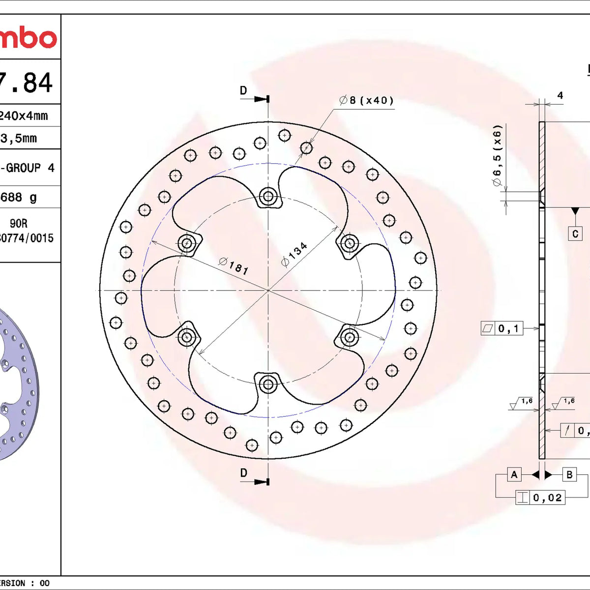 Brembo Serie Oro achterremschijf 240 x 4,0 mm Suzuki 68B40784