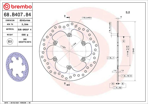 Brembo Serie Oro achterremschijf 240 x 4,0 mm Suzuki 68B40784