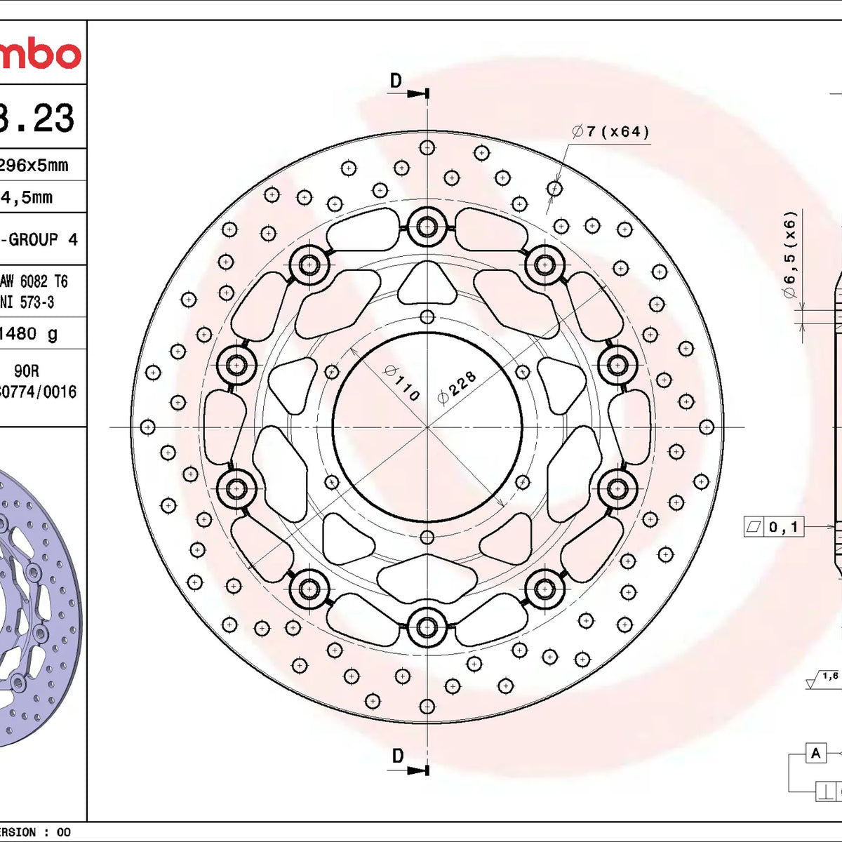 Brembo Serie Oro voorremschijf 296 x 5,0 mm Honda 78B40823