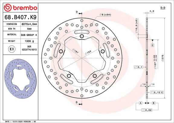 Brembo Serie Oro remschijf 275 x 4,5 mm 68B407K9