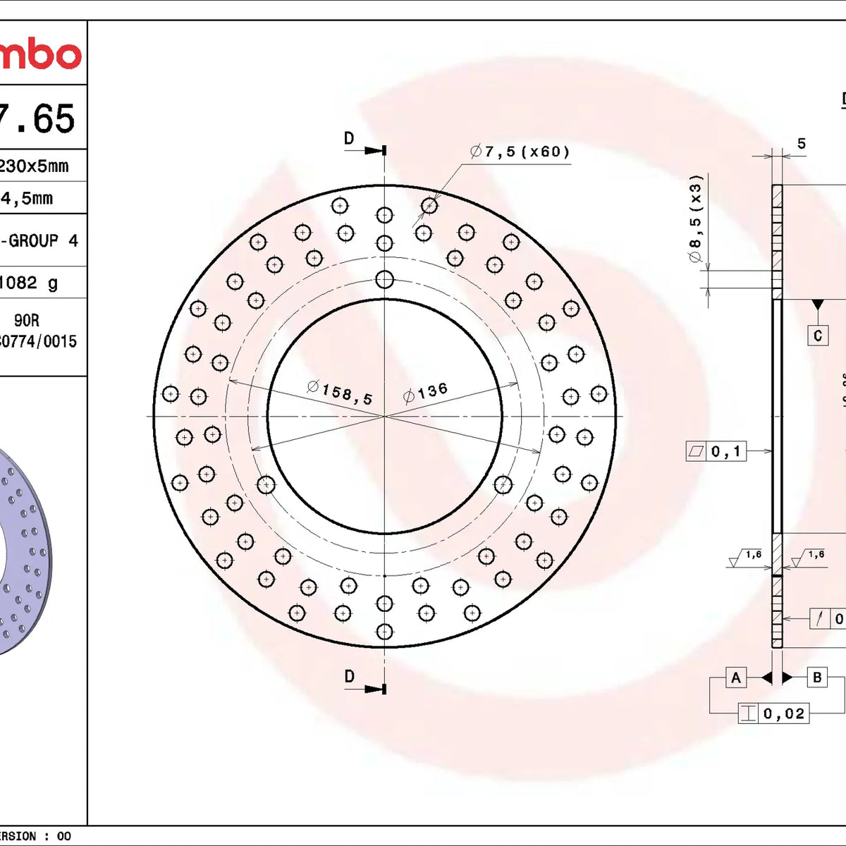 Brembo Serie Oro achterremschijf 230 x 5,0 mm 68B40765