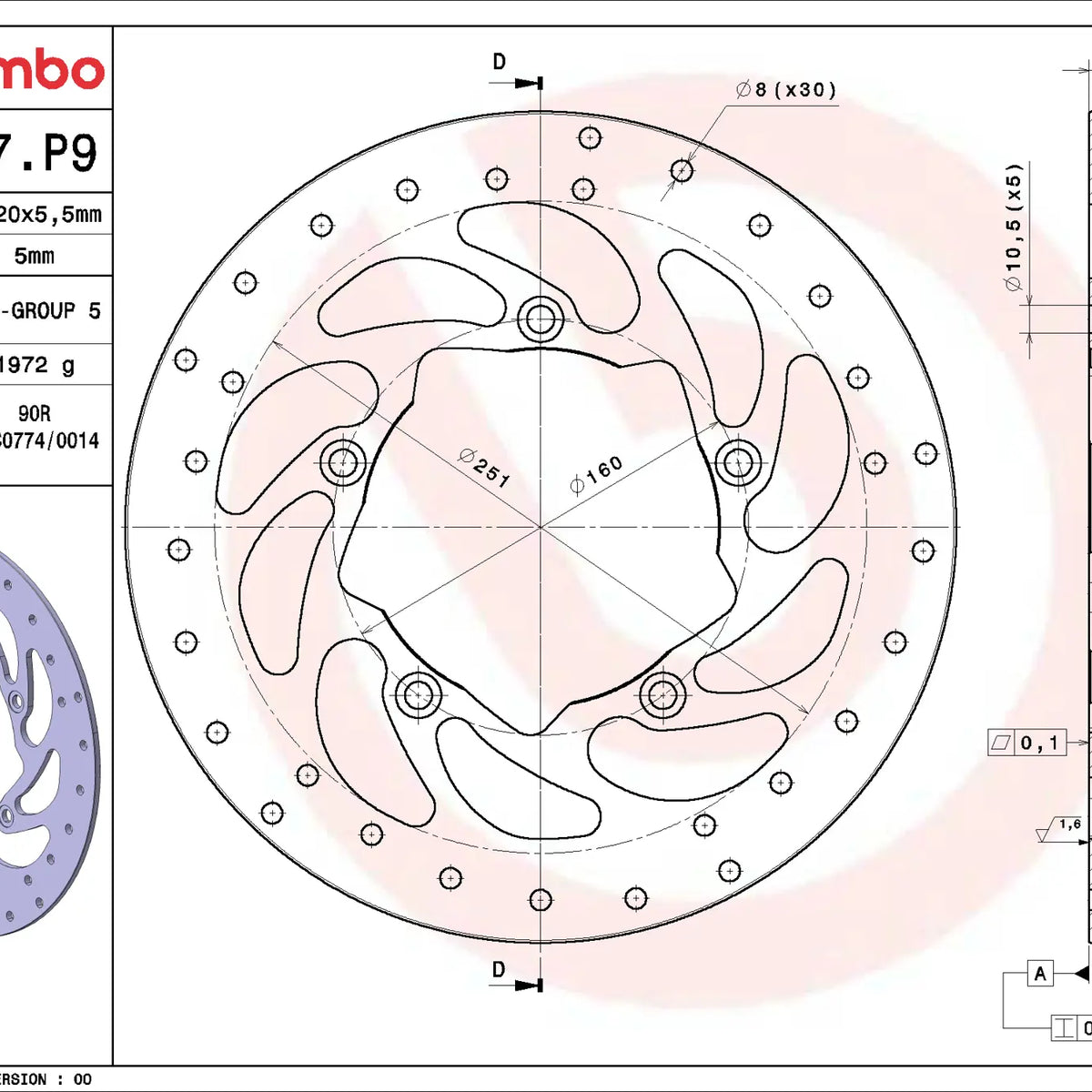 Brembo Serie Oro achterremschijf 68B407P9