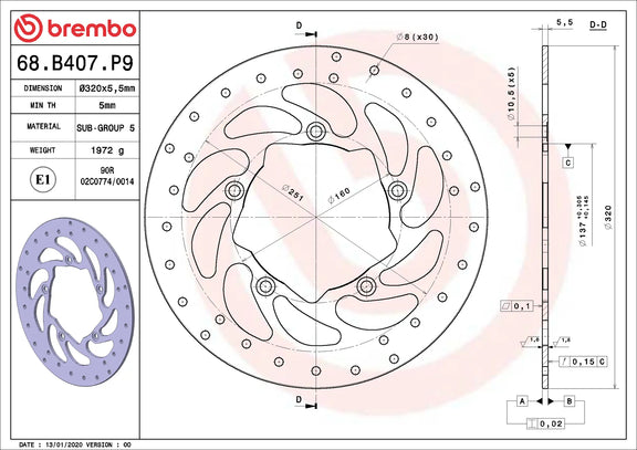 Brembo Serie Oro achterremschijf 68B407P9