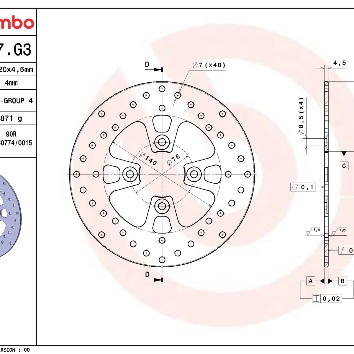 Brembo Serie Oro voorremschijf 220 x 4,5 mm 68B407G3