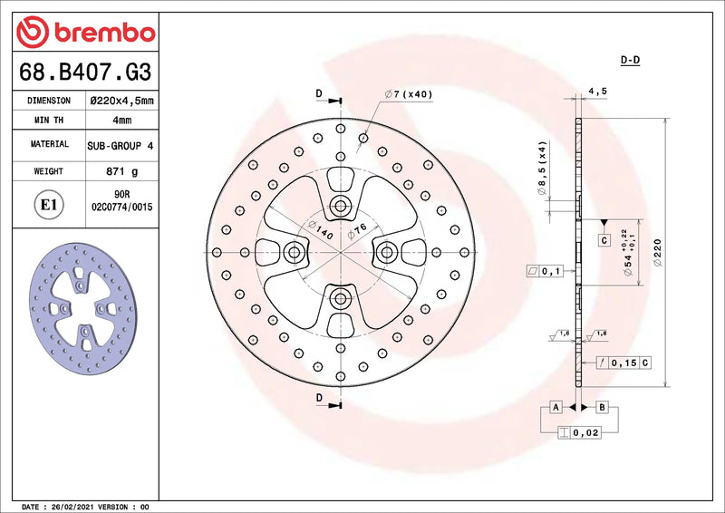 Brembo Serie Oro voorremschijf 220 x 4,5 mm 68B407G3