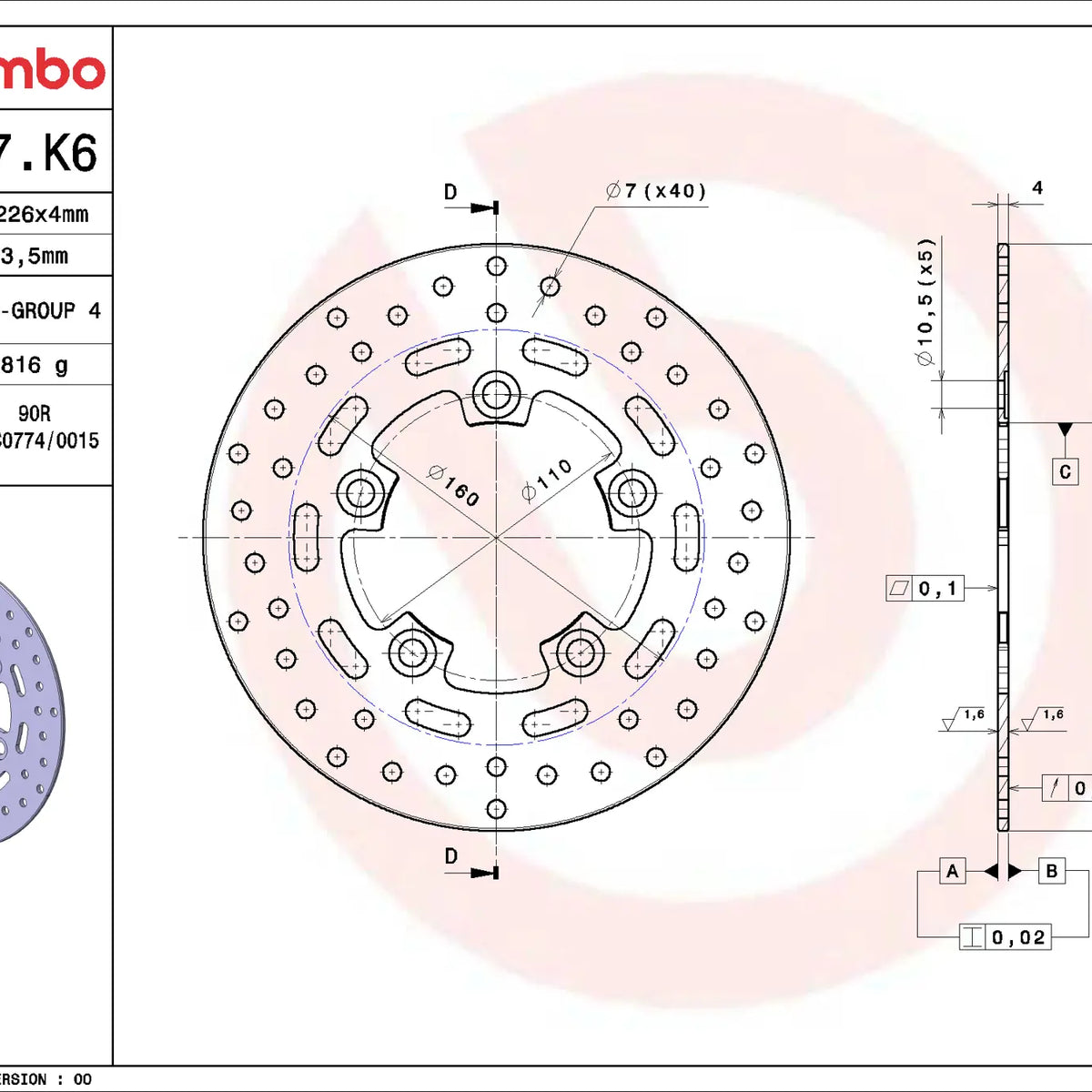 Brembo Serie Oro voorremschijf 226 x 4,0 mm 68B407K6