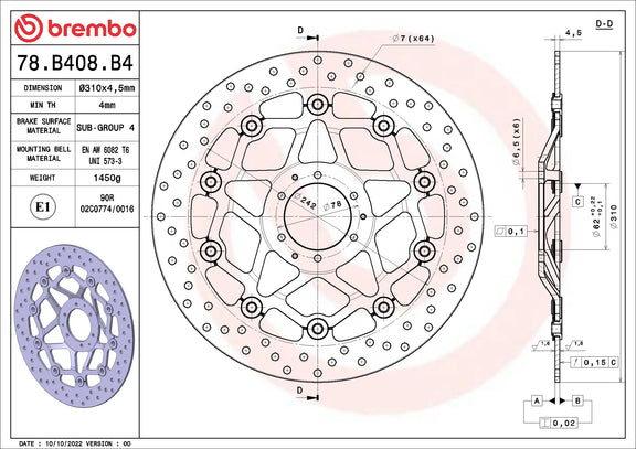 Brembo Serie Oro voorremschijf 310 x 4,5 mm Honda CRF1000L Africa Twin 2016-2019