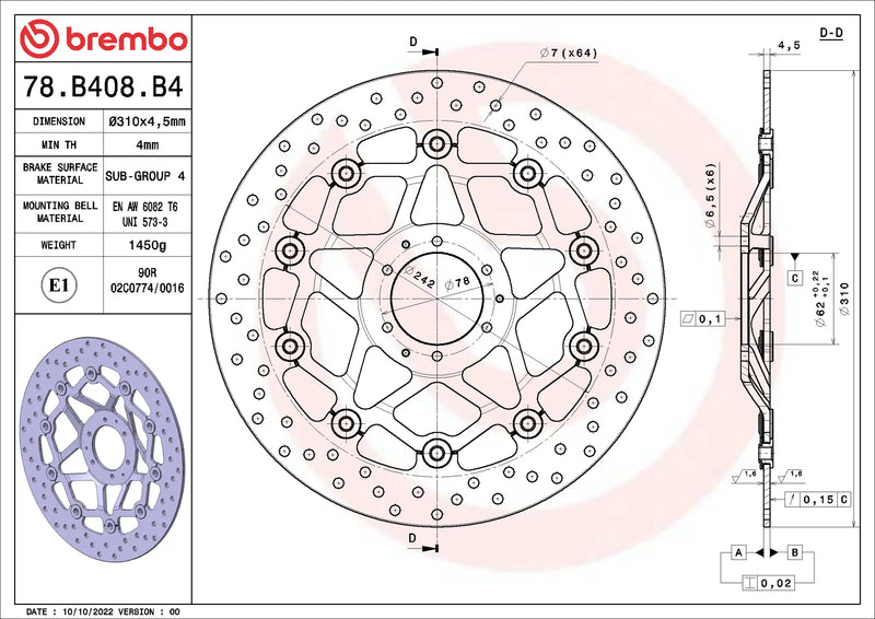 Brembo Serie Oro voorremschijf 310 x 4,5 mm Honda CRF1000L Africa Twin 2016-2019