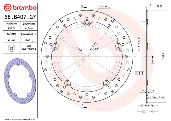 Brembo Serie Oro voorremschijf 320 x 5,0 mm Honda 68B407G7
