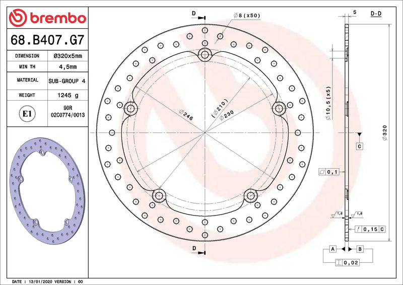 Brembo Serie Oro voorremschijf 320 x 5,0 mm Honda 68B407G7