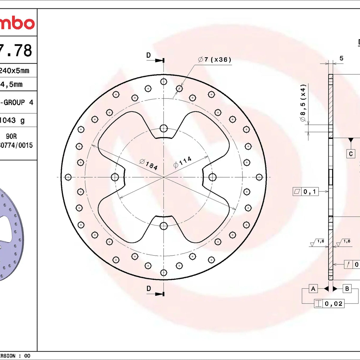 Brembo Serie Oro achterremschijf 240 x 5,0 mm 68B40778