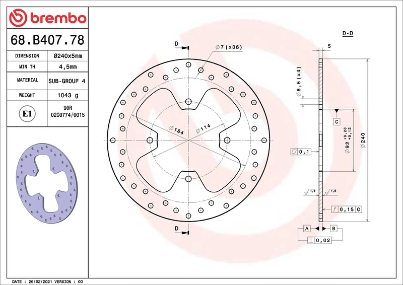 Brembo Serie Oro achterremschijf 240 x 5,0 mm 68B40778