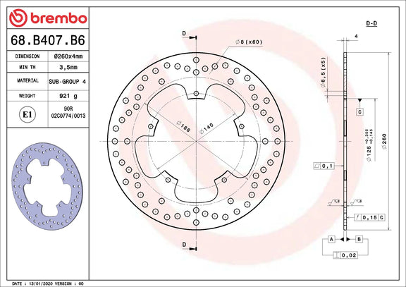 Brembo Serie Oro remschijf 260 x 4,0 mm Aprilia 68B407B6
