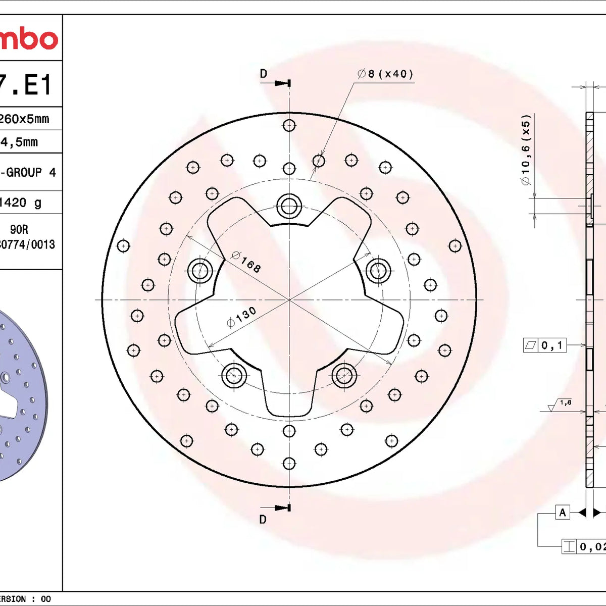 Brembo Serie Oro voorremschijf 260 x 5,0 mm 68B407E1