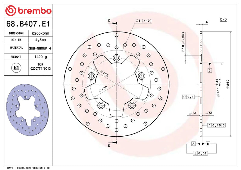 Brembo Serie Oro voorremschijf 260 x 5,0 mm 68B407E1