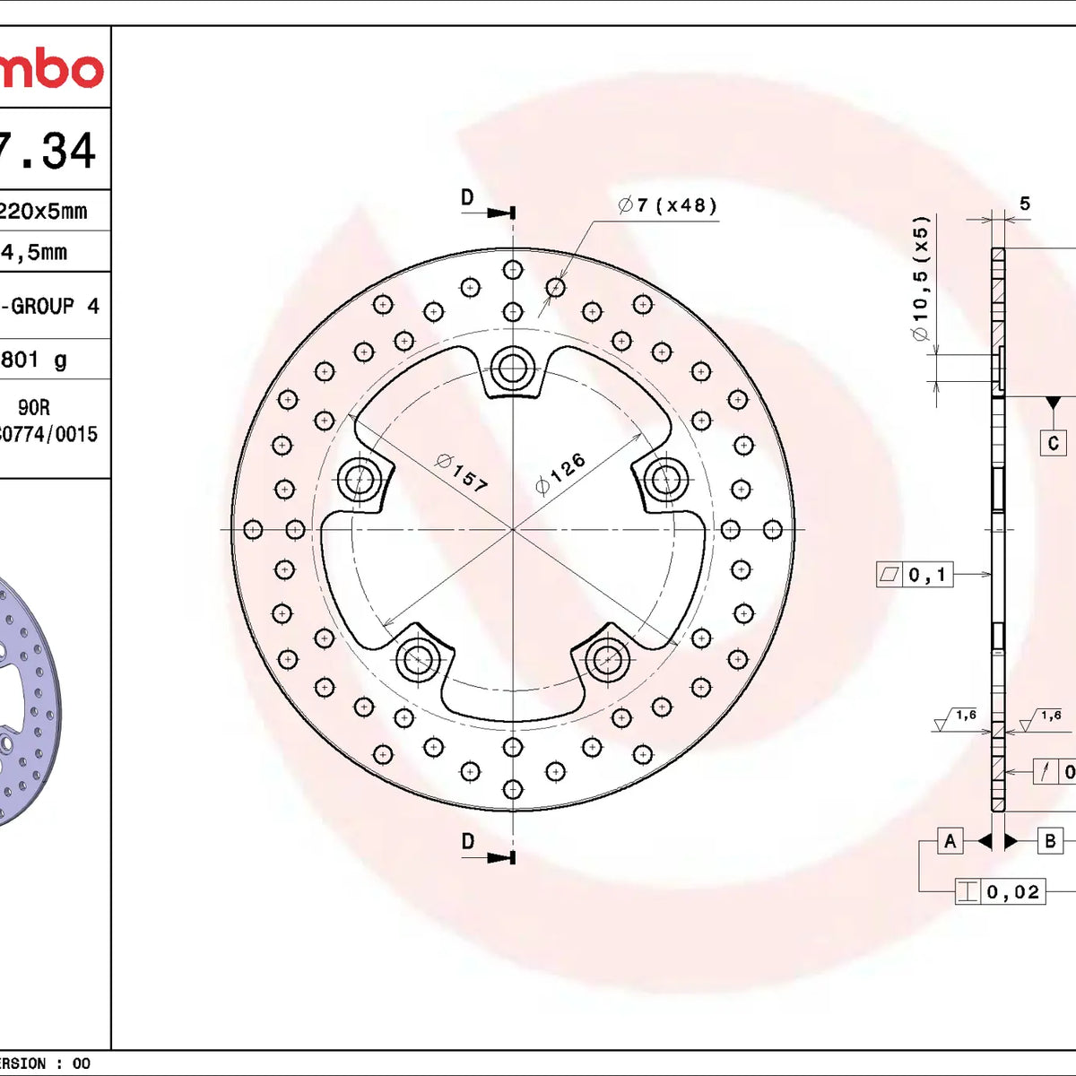 Brembo Serie Oro achterremschijf 220 x 5,0 mm 68B40734