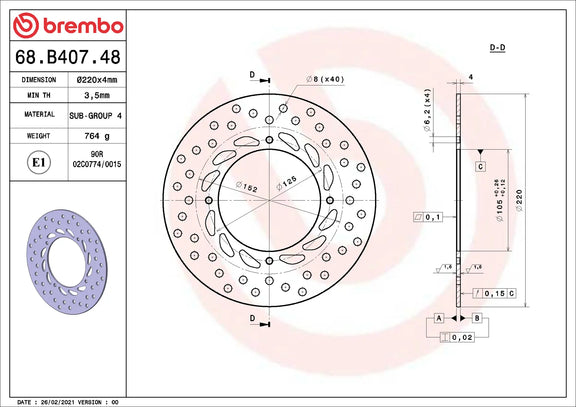 Brembo Serie Oro achterremschijf 220 x 4,0 mm 68B40748