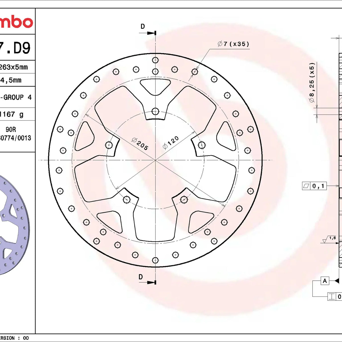 Brembo Serie Oro voorremschijf 263 x 5,0 mm 68B407D9