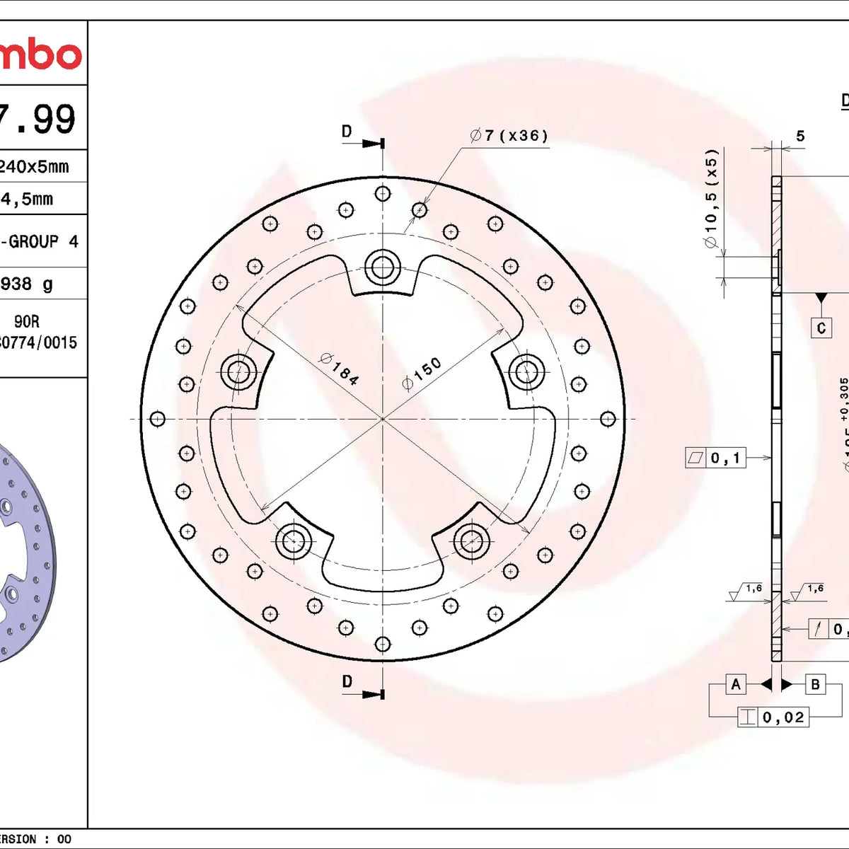 Brembo Serie Oro achterremschijf 240 x 5,0 mm Kymco Xciting 400 2014-2019